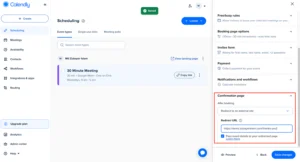 calendly thank you page redirect setup with event data for conversion tracking