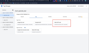 Meta Events Manager Test Events showing deduplicated browser and server Lead events