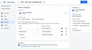Google Tag Manager Google Ads Conversion Tracking tag showing Conversion ID, Conversion Label, User-Provided Data variable mapped to GHL Enhanced Conv, and CE GHL Form Submit trigger