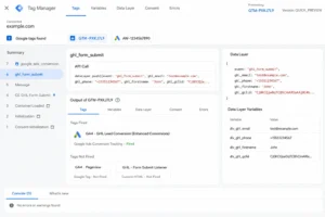 GTM Preview Mode showing ghl_form_submit event with dlv_ghl_email, dlv_ghl_phone, dlv_ghl_gclid variables populated and Google Ads GHL Enhanced Conversion tag showing as Fired