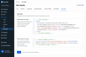 Kajabi dashboard Site Details page showing Site Scripts section with header scripts and footer scripts fields where GTM container code is pasted