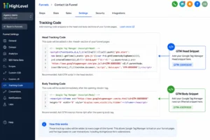 GoHighLevel funnel settings showing Tracking Code section where GTM head and body snippets are added for Google Tag Manager installation