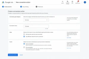 Google Ads new conversion action creation screen showing purchase category selected, use different values for each conversion selected, and every conversion count option
