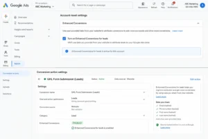 Google Ads conversion settings page showing Enhanced Conversions for leads checkbox toggled on at account level, and conversion action settings with Lead category and Enhanced Conversions enabled