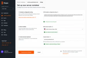 Stape.io server container setup screen showing GTM container configuration string, server location selector, and custom subdomain configuration field