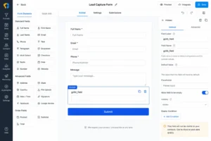 GoHighLevel form editor showing hidden field configuration with field name gclid_field and blank default value for Google Ads GCLID capture
