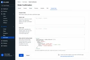 Kajabi order confirmation page settings showing custom script field where the Data Layer purchase event script is added to push order value and transaction ID