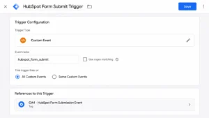 Google Tag Manager Custom Event trigger configuration showing hubspot_form_submit as the event name to match the Data Layer push from the HubSpot listener script