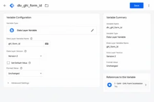 Google Tag Manager Data Layer Variable configuration showing ghl_form_id as the variable name with Data Layer Version 2 setting and variable name dlv_ghl_form_id