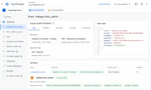 Google Tag Manager Preview Mode showing hubspot_form_submit custom event, Custom HTML HubSpot listener tag fired, and GA4 HubSpot Form Submission tag fired on form submit