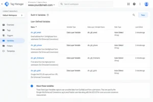 Google Tag Manager Data Layer Variable configuration showing dlv_ghl_email, dlv_ghl_phone, dlv_ghl_firstname, and dlv_ghl_gclid variables for Enhanced Conversions user-provided data
