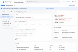 Google Tag Manager Preview Mode showing ghl_form_submit custom event, Custom HTML GHL listener tag fired, and GA4 GHL Form Submission tag fired on form submit