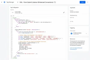 Updated Google Tag Manager Custom HTML listener script showing GoHighLevel postMessage interception with email, phone, firstname, and gclid_field values pushed to Data Layer for Google Ads Enhanced Conversions GoHighLevel
