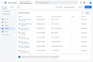 GTM Data Layer variables — ecommerce value, currency, transaction ID, items configured