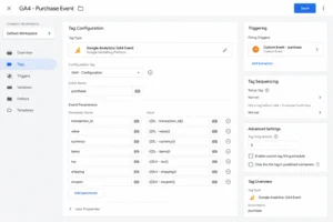 GTM GA4 purchase event tag — event name, parameters, and custom event trigger