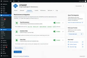 GTM4WP WooCommerce Integration Settings — Track Ecommerce, Customer Data, and Order Data Enabled