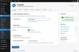 GTM4WP plugin settings in WordPress — container ID field and status toggle ON