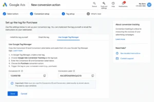 Google Ads conversion tag setup screen showing Conversion ID and Conversion Label values for use in Google Tag Manager
