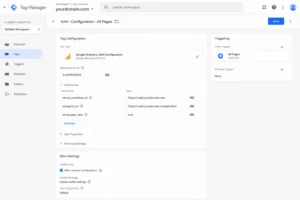 Google Tag Manager web container showing GA4 Config tag with server container URL field set to custom Stape subdomain track.yourdomain.com