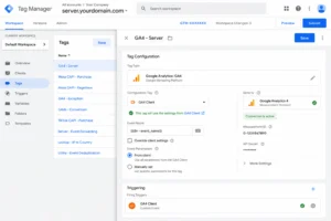 Google Tag Manager server container showing GA4 server tag configuration reading from GA4 Client and delivering events to Google Analytics 4 via Measurement Protocol