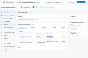 Google Tag Manager Preview Mode showing Google Ads Conversion Linker tag fired on all pages and Google Ads WooCommerce Purchase tag fired on the order confirmation page